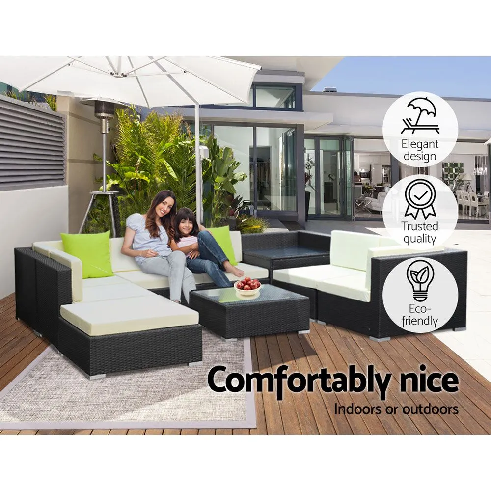 9 Piece Wicker Outdoor Lounge with Storage Cover - Beige