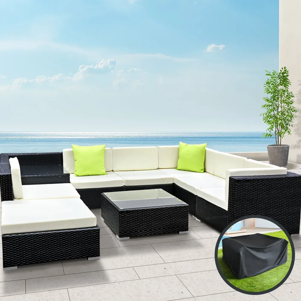 9 Piece Wicker Outdoor Lounge with Storage Cover - Beige